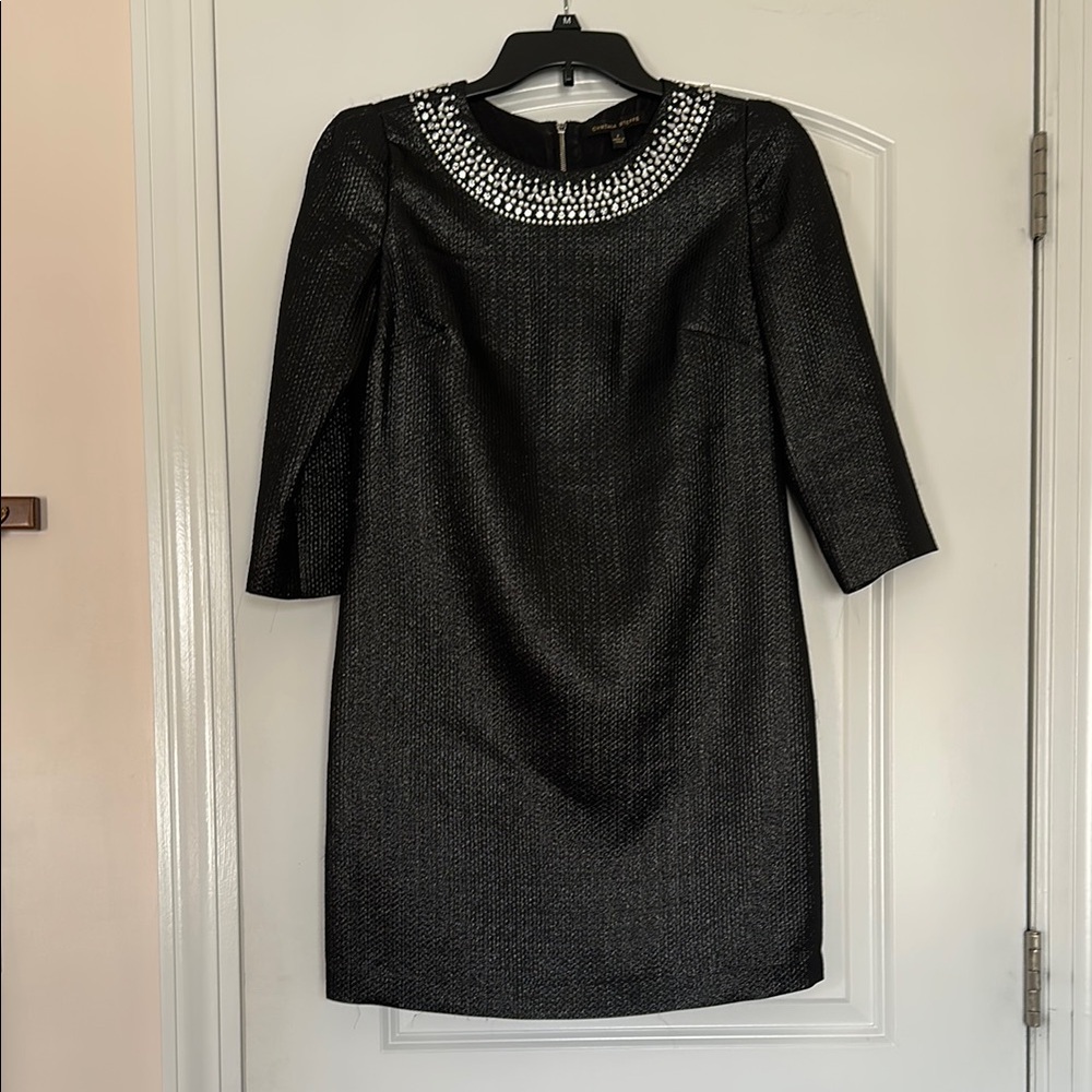 Cynthia Steffe Black Sheath Dress with Embellished Bib Collar